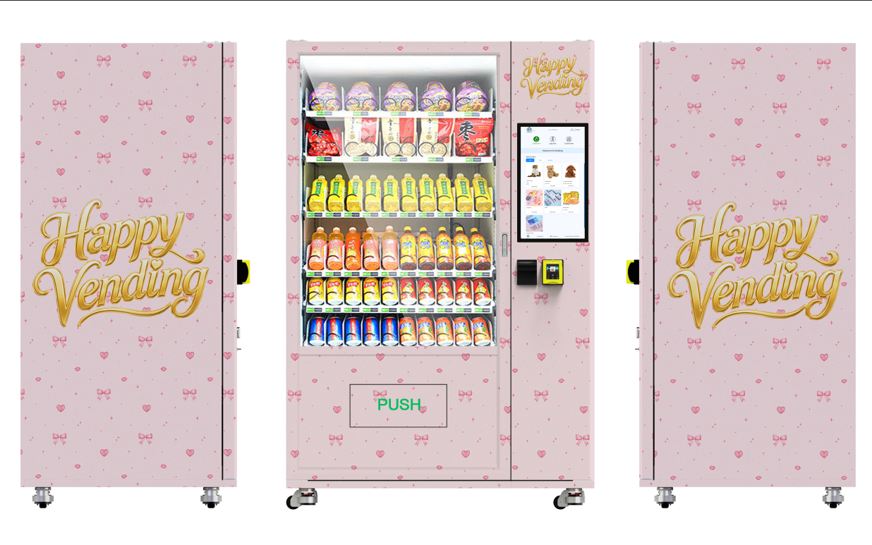 Three views of a blush-pink Happy Vending machine with gold Happy Vending logos and heart and bow patterns